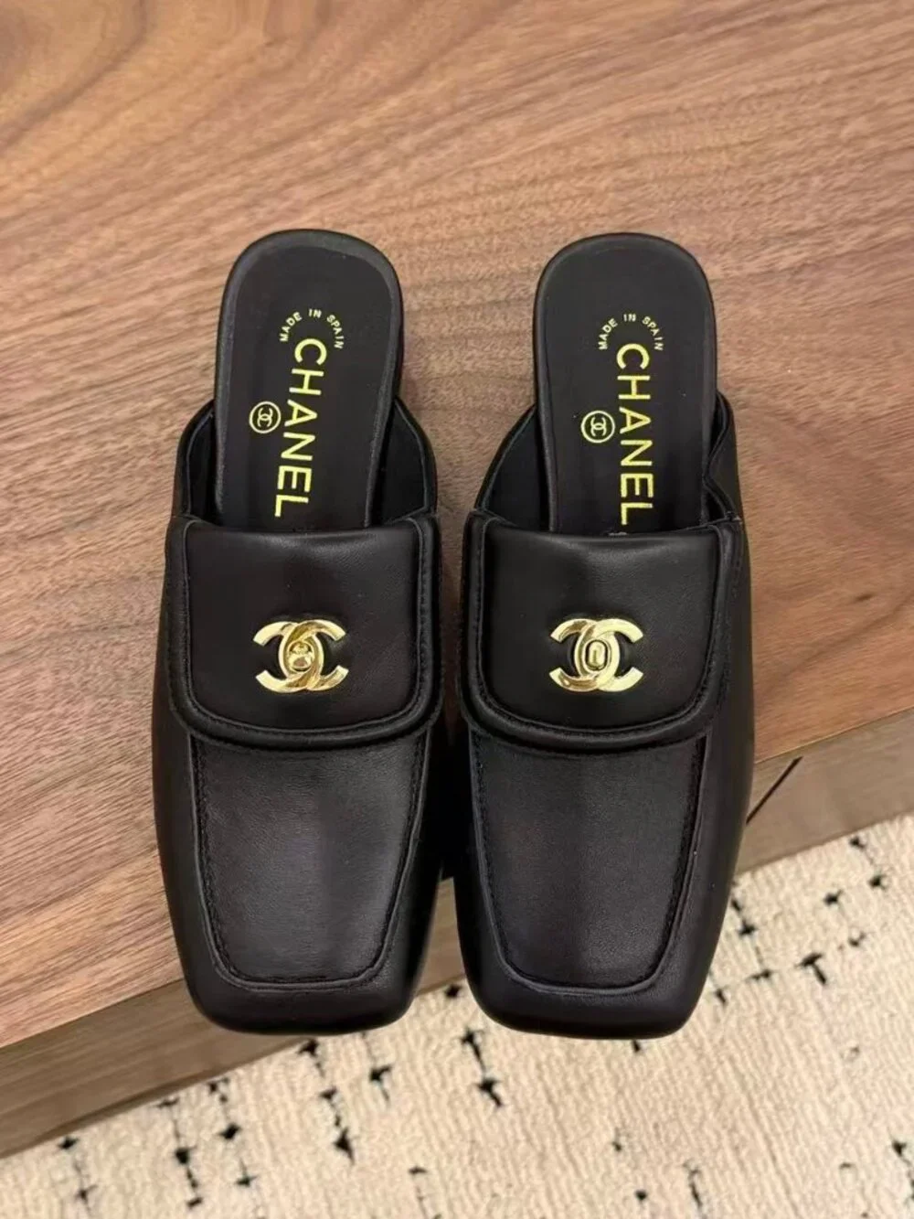 Chanel Black Leather CC Turn‑Lock Square Toe Mule Loafers